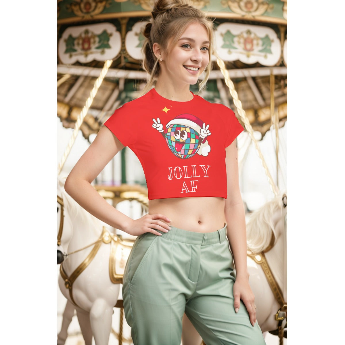 Holiday Collection - Jolly Disco Ball All-Over Print Women's Raglan Cropped T-shirt