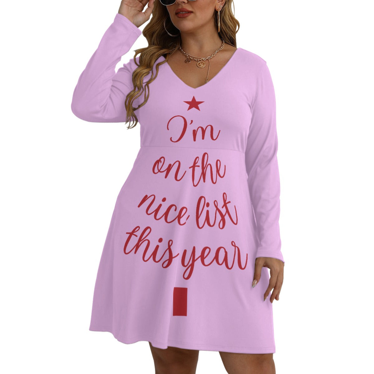 Holiday Collection - On the Nice LIst All-Over Print Women's V-neck Long Sleeve Dress(Plus Size)