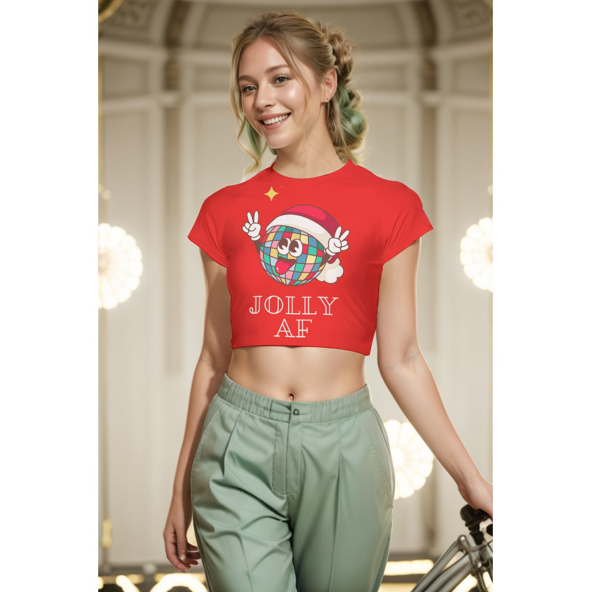 Holiday Collection - Jolly Disco Ball All-Over Print Women's Raglan Cropped T-shirt