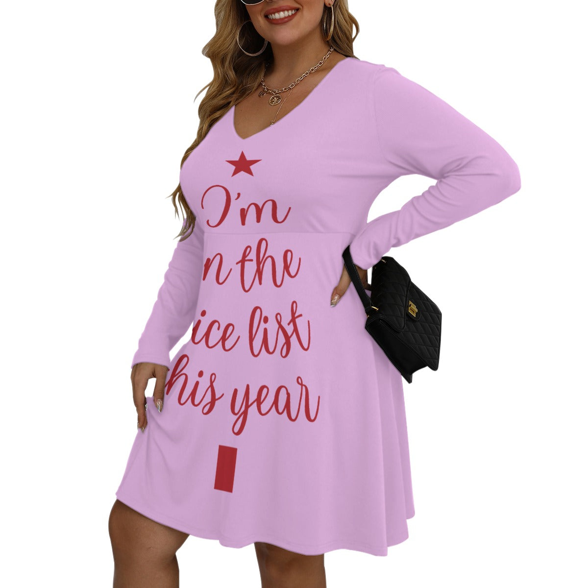 Holiday Collection - On the Nice LIst All-Over Print Women's V-neck Long Sleeve Dress(Plus Size)