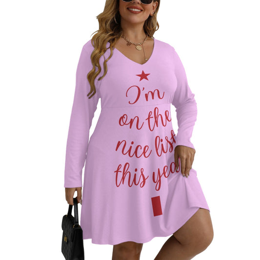 Holiday Collection - On the Nice LIst All-Over Print Women's V-neck Long Sleeve Dress(Plus Size)